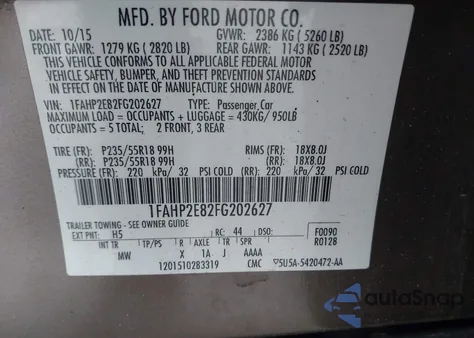 2015 Ford Taurus Sel from USA, damaged, VIN 1FAHP2E82FG202627